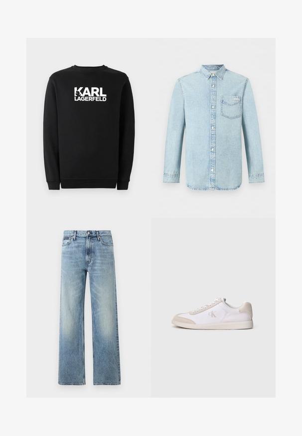 Zwarte sweatshirt van katoen, met een ronde hals en geribbelde manchetten. Het heeft een witte grafische logo op de voorkant.; Lichtblauw denim overhemd met lange mouwen, knoopsluiting aan de voorkant, een borstzak met Calvin Klein-logo en puntige kraag.; Lichtblauwe denim jeans met rechte pijpen, een hoge taille, vijf zakken, knoopsluiting en subtiele vervaging op de dijen en knieën.; Witte en beige lage sneaker met vetersluiting, suède accenten en "cK"-logo op de zijkant, zijaanzicht tegen een effen achtergrond weergegeven.