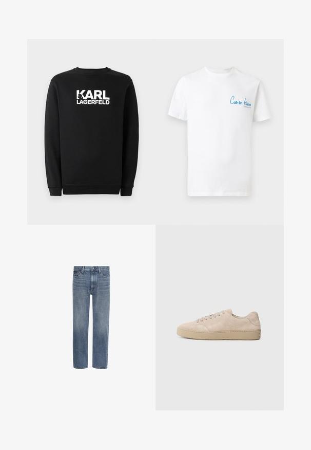 Sort sweatshirts lavet af bomuld, med rund halsudskæring og ribbede manchetter. Den har et hvidt grafisk logo på forsiden.; Hvid T-shirt med korte ærmer og rund halsudskæring, med lille blåt "Calvin Klein Established 1968" logo trykt på øverste venstre bryst.; Blå straight-leg denim jeans med forlommer, bæltestropper og knaplukning.; Beige ruskinds sneaker med en rund tå, flade snørebånd og en tekstureret gummisål. Minimalistisk design med glatte kanter og diskret syning.