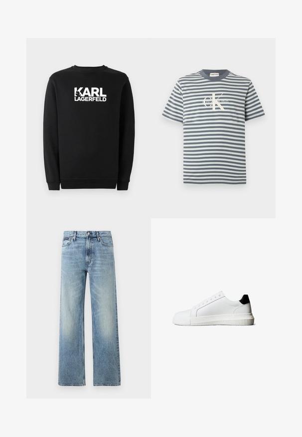 Schwarzer Pullover aus Baumwolle mit rundem Ausschnitt und gerippten Bündchen. Er hat ein weißes Grafiklogo auf der Vorderseite.; Kurzärmliges T-Shirt mit Rundhalsausschnitt, horizontalen grauen und weißen Streifen sowie einem zentralen weißen Calvin Klein Logo.; Hellblaue Jeans mit geradem Bein, hohem Bund, fünf Taschen, Knopfverschluss und dezentem Verblassen an Oberschenkeln und Knien.; Weiße Leder-Sneaker mit schwarzem Fersenakzent, ausgestattet mit flachen Schnürsenkeln, einer abgerundeten Schuhspitze und einer gerippten Gummisohle für besseren Halt.
