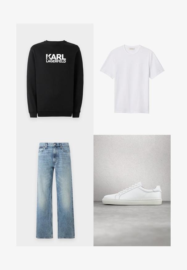 Zwarte sweatshirt van katoen, met een ronde hals en geribbelde manchetten. Het heeft een witte grafische logo op de voorkant.; Effen wit T-shirt met korte mouwen en ronde hals, met een klein reliëflogo op de linkerborst en een merklabel binnenin de kraag.; Lichtblauwe denim jeans met rechte pijpen, een hoge taille, vijf zakken, knoopsluiting en subtiele vervaging op de dijen en knieën.; Witte sneaker met een gladlederen bovenwerk en een laag profiel. Voorzien van een ronde neus, zes vetergaatjes en een gestructureerde rubberen zool.