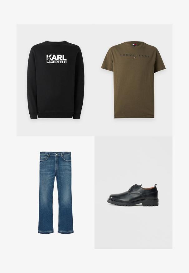 Sudadera negra de algodón, con un cuello redondo y puños de canalé. Tiene un logotipo gráfico blanco en la parte frontal.; Camiseta de manga corta Tommy Jeans en verde oliva con cuello redondo, logo negro bordado y pequeño emblema de bandera en rojo, blanco y azul en el frente.; Vaqueros de mezclilla azul de pierna recta con bolsillos delanteros, cierre de botón y detalles sutiles descoloridos en los muslos y las rodillas.; Zapatos derby de cuero negro con una textura suave, punta redondeada, diseño de cordones y una suela de goma gruesa y resistente.