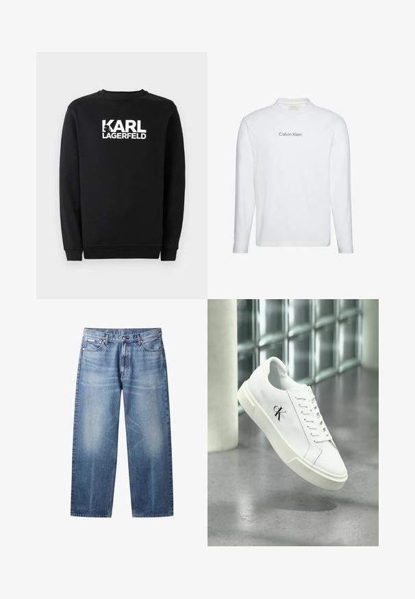 Zwarte sweatshirt van katoen, met een ronde hals en geribbelde manchetten. Het heeft een witte grafische logo op de voorkant.; Wit shirt met lange mouwen en ronde hals met "Calvin Klein" in het zwart gedrukt, gecentreerd op de borst.; Lichtblauwe rechte jeans met vervaagde plekken, vijf zakken, knoopsluiting en Calvin Klein-label op de rechter voorzak.; Witte Calvin Klein sneaker met veters, zwevend getoond boven een gepolijste betonnen vloer en een achtergrond van glasblokken.