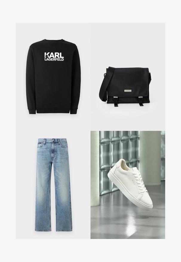 Schwarzer Pullover aus Baumwolle mit rundem Ausschnitt und gerippten Bündchen. Er hat ein weißes Grafiklogo auf der Vorderseite.; Hellblaue Jeans mit geradem Bein, hohem Bund, fünf Taschen, Knopfverschluss und dezentem Verblassen an Oberschenkeln und Knien.; Weißer Low-Top-Sneaker mit Schnürsenkeln, der über einem reflektierenden Betonboden vor einer Wand aus Glasbausteinen schwebt.; Schwarze Umhängetasche aus glattem Nylon, mit Klappenverschluss, verstellbarem Riemen und silberfarbenen Akzenten. Kompaktes und funktionales Design.