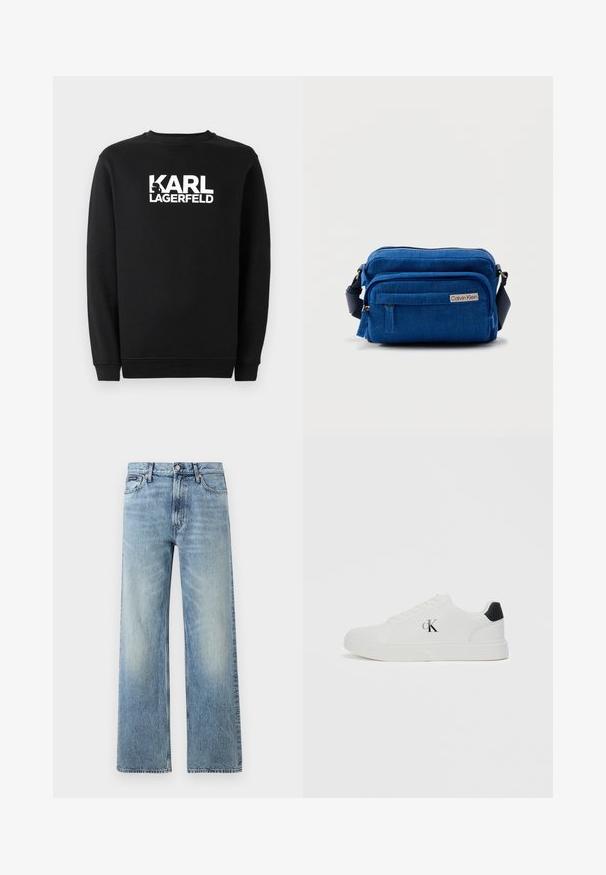 Sort sweatshirts lavet af bomuld, med rund halsudskæring og ribbede manchetter. Den har et hvidt grafisk logo på forsiden.; Lyseblå denim jeans med lige ben, højt talje, fem lommer, knaplukning og diskrete falmede områder på lår og knæ.; Hvide sneakers med glat læderoverdel, rund tå, sort hælende accent og "CK" logo på siden. Har snørebåndsdesign og flad sål.; Blå stof crossbody-taske med tekstureret overflade, med flere lynlåslommer og en skulderrem. Calvin Klein-logo på forsiden.
