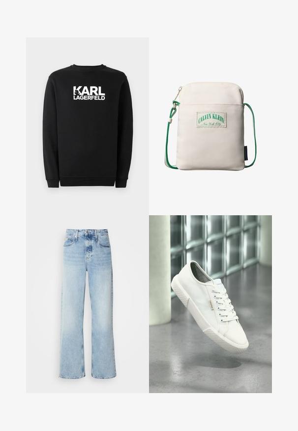 Schwarzer Pullover aus Baumwolle mit rundem Ausschnitt und gerippten Bündchen. Er hat ein weißes Grafiklogo auf der Vorderseite.; Helle blaue weite Jeans mit hoher Taille, in verwaschenem Finish, mit Gürtelschlaufen und klassischem Fünf-Taschen-Design. Der Saum ist ungesäumt.; Weißer Calvin Klein Low-Top-Sneaker mit Schnürsenkeln, Gummisohle und Logo-Tag, der über einem grauen polierten Boden in der Nähe einer Glasbausteinwand schwebt.; Kleine beige Umhängetasche mit grünem, verstellbarem Kordelriemen, einer vorderen Reißverschlusstasche und einem Calvin Klein New York City Logo-Patch.