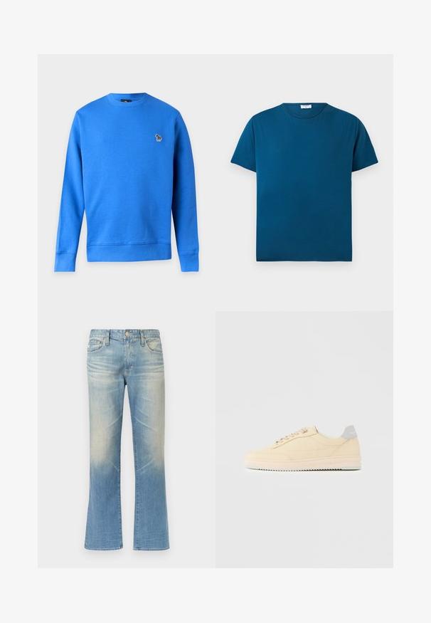 Sudadera azul de manga larga con cuello redondo y pequeño logo de cebra multicolor en el pecho izquierdo sobre un fondo blanco liso.; Camiseta azul de manga corta con cuello redondo, diseño sencillo, colocada sobre un fondo blanco.; Vaqueros acampanados de mezclilla azul claro con acabado desgastado, diseño de cinco bolsillos, cierre con botón metálico y bajos rectos.; Zapatilla deportiva beige de corte bajo con cierre de cordones en la parte delantera, suela rosa claro y lengüeta trasera gris con la marca "Filling Pieces", mostrada de perfil sobre un fondo liso.