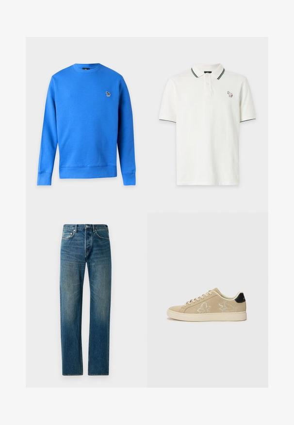 Sweat-shirt bleu à manches longues avec col rond et petit logo zèbre multicolore sur la poitrine gauche sur fond blanc uni.; Polo blanc manches courtes avec bordure verte sur le col et les manches, comportant un petit logo chien coloré sur le côté gauche de la poitrine.; Jeans en denim bleu avec une coupe droite, présentant un style à cinq poches, un léger délavage et des accents de couture contrastants.; Baskets en daim beige avec broderie florale blanche, bout rond, semelle en caoutchouc plate et accent de talon noir. Lacets et détails brodés sur les côtés.