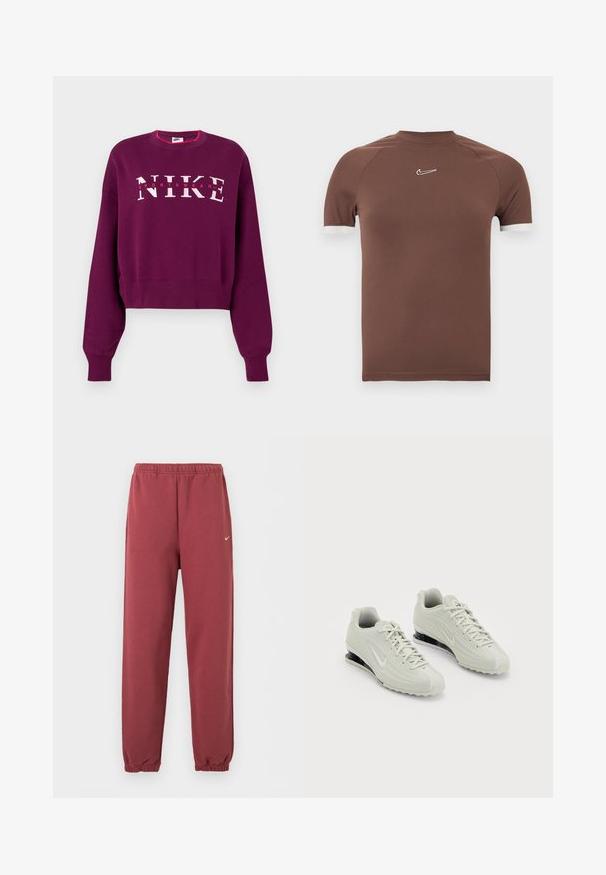 Lilla cropped sweatshirt med lange ærmer, ribbede manchetter og "NIKE SPORTSWEAR" logo i pink og hvid på tværs af brystet.; Brun kortærmet skjorte lavet af glat stof med høj halsudskæring og hvide detaljer ved ærmekanterne, med en lille logo på brystet.; Vinrøde elastiske joggebukser med lille hvid Nike-logo på højre lår.; Hvide Nike sneakers med en tekstureret overdel, der har en glat tæer og sorte polstringselementer. Snørebåndsstil med forstærket hæl.