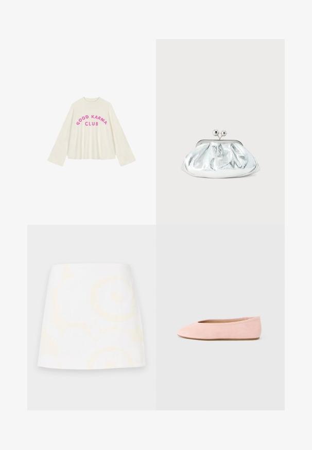 Pull oversized couleur crème avec des manches larges. Présente le texte "GOOD KARMA CLUB" en lettres fuchsia en gras sur la poitrine.; Mini-jupe en coton blanc avec un motif floral jaune subtil, présentant une coupe droite et une texture lisse. Aucun élément métallique ou accent visible.; Ballerine en daim rose clair avec un bout arrondi et un design minimaliste. Semelle plate et texture lisse, sans quincaillerie apparente ni accents.; Petit sac pochette métallique argenté avec un design arrondi et froncé, fermeture à clip avec deux boules argentées.
