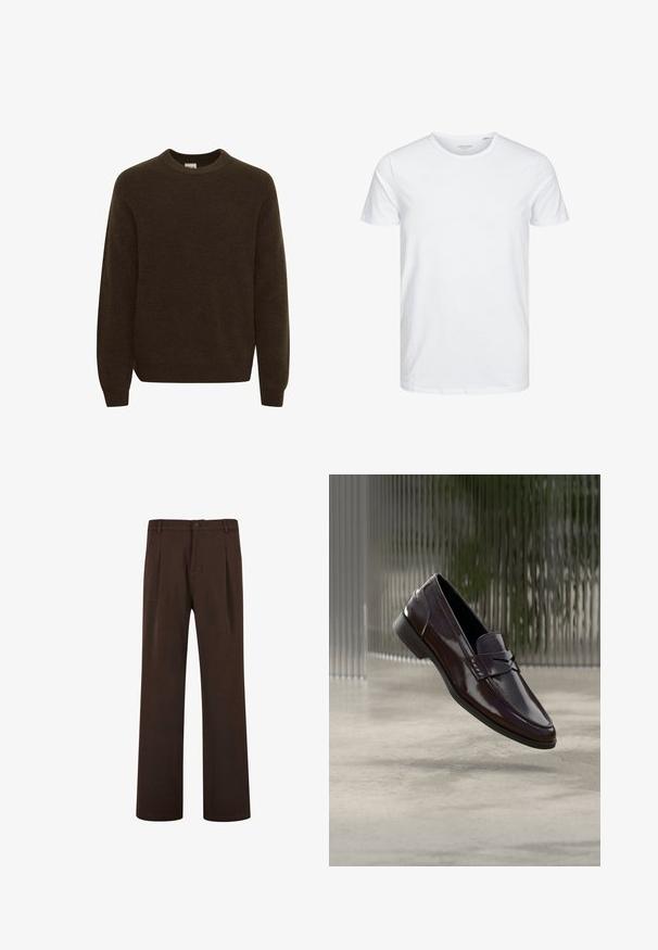 Brun striktrøje med rund halsudskæring, lange ærmer og en blød tekstur. Designet har et ribbet mønster overalt.; Rundhals kortærmet t-shirt i ensfarvet hvid, lavet af blød bomuld, har et simpelt design uden synlige mønstre eller detaljer.; Brune bukser med lige ben-design, der har knaplukning og folder, lavet af glat stof. Ingen synlige lommer eller mønstre.; Brune lædermokkasiner med en blank finish, der har en hævet søm og en lille udskæringsdetalje foran samt en lav sort sål.