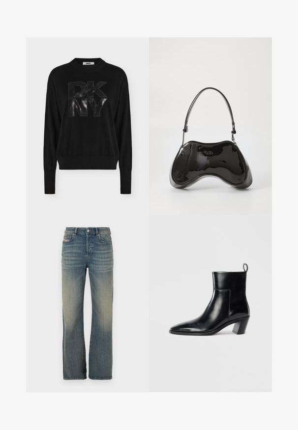 Pull noir à manches longues avec poignets et ourlet côtelés, présentant de grandes lettres embossées "DKNY" sur le devant.; Jean en denim bleu clair avec une coupe droite. Doté d'une fermeture à bouton, de poches avant et d'un léger délavage au niveau des cuisses.; Bottine en cuir noir avec un bout pointu, un talon empilé géométrique et une languette à l'arrière. Texture lisse et design épuré.; Sac à main en cuir verni noir avec une forme incurvée unique, une anse courte et ajustable, et une fermeture zippée. Texture lisse avec un branding discret.
