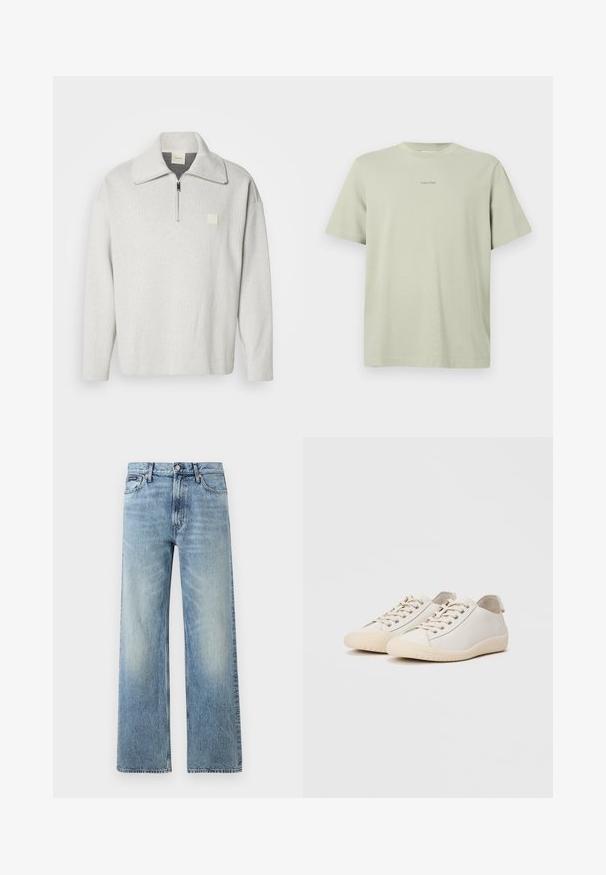 Pull-over gris clair avec une fermeture éclair à l'avant et un col large. Présente un petit logo carré sur la poitrine. Confectionné dans un tissu texturé.; T-shirt en coton vert clair avec un col rond, des manches courtes et un petit logo Calvin Klein imprimé en une teinte plus foncée sur la poitrine.; Jean droit en denim bleu clair avec taille haute, cinq poches, fermeture à boutons et léger délavage sur les cuisses et les genoux.; Baskets blanches en cuir lisse avec des coutures ton sur ton, fermeture à lacets, bout arrondi et semelle en caoutchouc texturée.