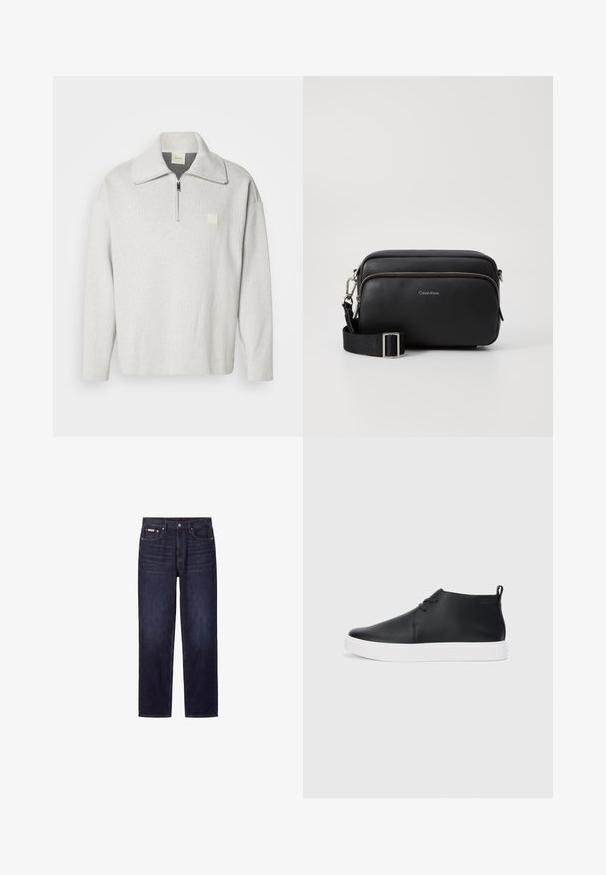 Pull-over gris clair avec une fermeture éclair à l'avant et un col large. Présente un petit logo carré sur la poitrine. Confectionné dans un tissu texturé.; Jean denim bleu foncé droit avec cinq poches, fermeture par bouton et coutures visibles.; Baskets montantes en cuir noir au fini lisse, semelle en caoutchouc blanc et design simple à lacets. Comprend une languette à l'arrière.; Sac en cuir noir à bandoulière avec deux compartiments zippés, finition texturée, sangle ajustable et accents en métal argenté. Logo Calvin Klein affiché.