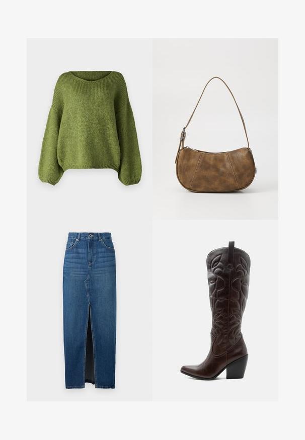 JDY JDYDINEA L/S REVERSIBLE PULLOV. KNT NOOS - Striktrøje - fern; Jeansnederdel i mørkeblå, med en frontslid, høj talje og fem-lomme design. Lavet af solid denim materiale med synlige sømme.; Høj mørkebrun læder cowboystøvle med syede dekorative mønstre, spids tå og stablet blokhæle.; Brun faux læder skuldertaske med en buet form, en enkelt strop, kontrasterende syninger og en lynlåslukning langs den øverste kant.
