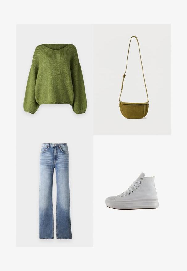 JDY JDYDINEA L/S REVERSIBLE PULLOV. KNT NOOS - Striktrøje - fern; Lysblå denimjeans med høj talje, bred bukseben og subtilt slid. Har knaplukning og fem-lomme design.; Hvid højt canvas sneaksko med hvide snørebånd, metaløjer, tyk gummisål og tekstureret tåhætte, vendt mod venstre på en hvid baggrund.; Olivengrøn ruskind skuldertaske med justerbar rem og lynlåslomme foran på ensfarvet hvid baggrund.