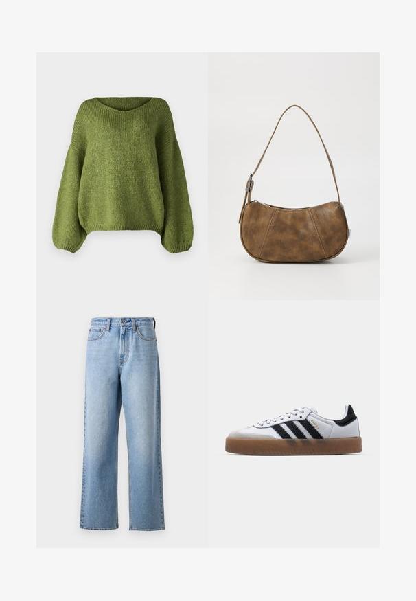 JDY JDYDINEA L/S REVERSIBLE PULLOV. KNT NOOS - Striktrøje - fern; Lys blå denim jeans med lige ben-design, der har en knaplukning, bæltestropper og subtil aftoning i stofstrukturen.; Hvide lædersneakers med sorte striber, gummirubber sål, rund tå, snørelukning og blød grå ruskinds tåhætte.; Brun faux læder skuldertaske med en buet form, en enkelt strop, kontrasterende syninger og en lynlåslukning langs den øverste kant.
