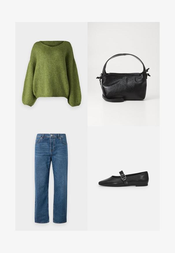 JDY Knitted JDYDINEA Knitted - Pullover - fern; Jean en denim bleu avec une coupe droite et une taille haute. Les caractéristiques incluent des poches avant, une fermeture à bouton et des détails de couture subtils.; Chaussure plate en cuir noir avec un bout arrondi, une seule sangle réglable à boucle et une texture lisse et brillante. Design minimaliste avec un petit talon.; Sac à main en cuir noir au design structuré, avec une poignée arrondie et une bandoulière amovible. Présente une texture lisse et un éclat subtil.