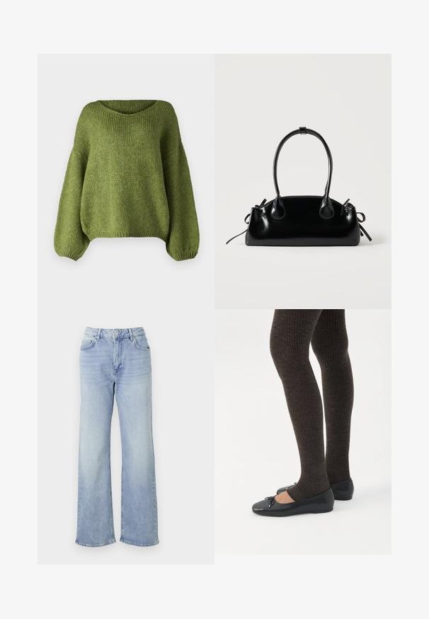JDY JDYDINEA L/S REVERSIBLE PULLOV. KNT NOOS - Striktrøje - fern; Lyseblå vide jeans lavet af denim, med høj talje, fem lommer og en kant med subtilt slid.; Ben iført mørke ribbede leggings kombineret med sorte balletsko med små sløjfedetaljer på hvid baggrund.; Lille sort blank håndtaske med to lange håndtag og snøre-detaljer i siden på en ensfarvet lys baggrund.