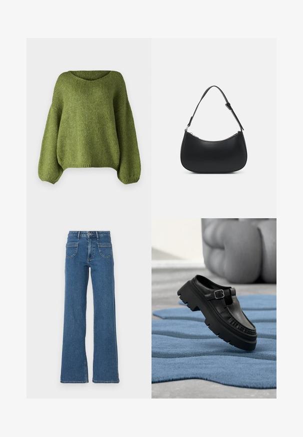JDY JDYDINEA L/S REVERSIBLE PULLOV. KNT NOOS - Trui - fern; Blauwe denim wijde jeans met een hoge taille, vijf zakken, sluiting met een knop aan de voorkant en een licht vervaagde afwerking. Gestikte zomen en naden zijn zichtbaar.; Zwarte leren loafer met dikke grof profielzool en zilveren gesp, schuin geplaatst op een gestructureerd blauw vloerkleed.; Pieces PCALUANA SHOULDER BAG - Handtas - black