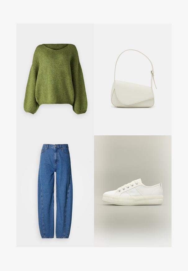 JDY JDYDINEA L/S REVERSIBLE PULLOV. KNT NOOS - Striktrøje - fern; Blå denimjeans med løs pasform, som har høj talje, to forlommer og design med lige ben. Syninger langs sømmene som dekorative detaljer.; Hvid lavtop sneaker med tyk ribbet sål, snørelukning foran og trækflap på hælen mod en neutral baggrund.; Hvid taske i faux læder med en struktureret trekantet form, enkelt justerbart skulderstrop og en flaplås med kurver.