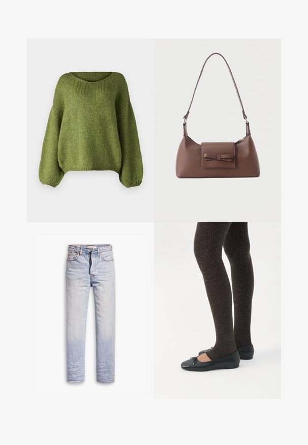 JDY JDYDINEA L/S REVERSIBLE PULLOV. KNT NOOS - Pullover - fern; Jean en denim bleu clair avec une coupe droite, dotés d'une fermeture à boutons, de cinq poches et d'un léger délavage sur les jambes.; Jambes portant des leggings côtelés foncés associés à des ballerines noires avec de petits détails en nœud sur fond blanc.; Sac à bandoulière en cuir marron avec une poche à rabat avant ornée d'un détail en forme de nœud cousu et une sangle réglable.