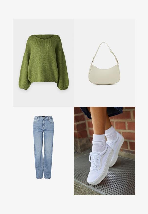 JDY Knitted JDYDINEA Knitted - Pullover - fern; Jean en denim bleu clair à taille haute, coupe droite, avec bouton à l'avant, fermeture éclair, passants pour ceinture et design à cinq poches.; Baskets en toile blanches avec semelles en caoutchouc, dotées de six œillets, d'un bout rond et de détails de couture légers, portées avec des chaussettes blanches mi-mollet.; Pieces PCALUANA SHOULDER BAG - Sac à main - birch
