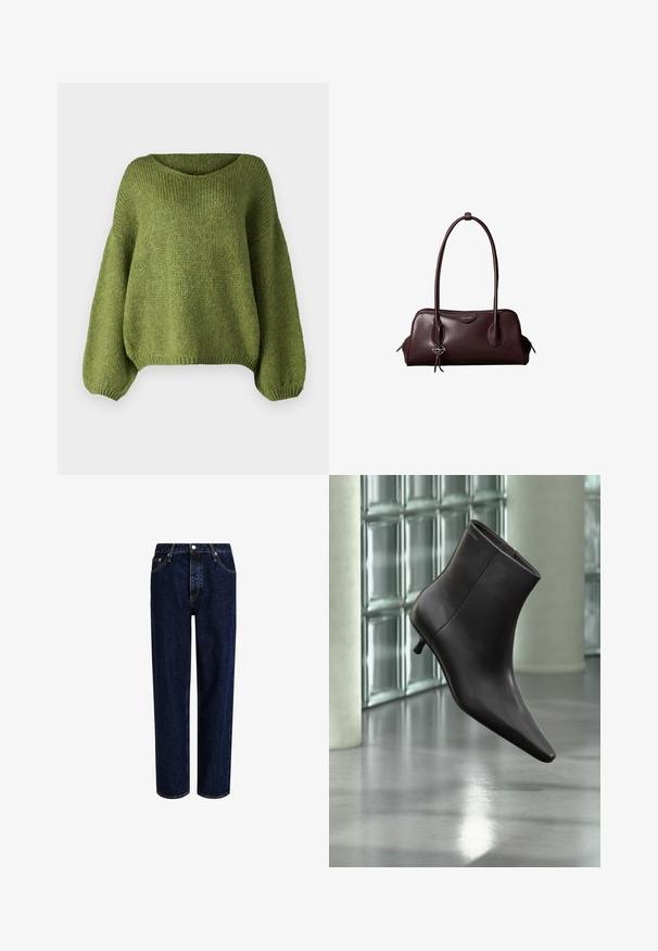 JDY JDYDINEA L/S REVERSIBLE PULLOV. KNT NOOS - Pullover - fern; Jeans en denim bleu foncé avec une coupe droite, dotés d'une taille haute, d'un style à cinq poches et de coutures contrastantes. Sans embellissements.; Bottine en cuir noir avec bout pointu et petit talon, présentée devant un mur en blocs de verre et un sol poli.; Sac à main en cuir brun foncé Calvin Klein avec de longues poignées doubles et un petit porte-clé logo suspendu à une poignée.