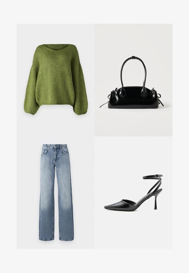 JDY JDYDINEA L/S REVERSIBLE PULLOV. KNT NOOS - Striktrøje - fern; Bredde ben bløde denim jeans i blå med en lys vask, lynlås, fem-lomme design og subtil falming nær anklerne.; Sort spids højhælet sko med tynde ankelremme og sølvspænde på en ensfarvet lys baggrund.; Lille sort blank håndtaske med to lange håndtag og snøre-detaljer i siden på en ensfarvet lys baggrund.
