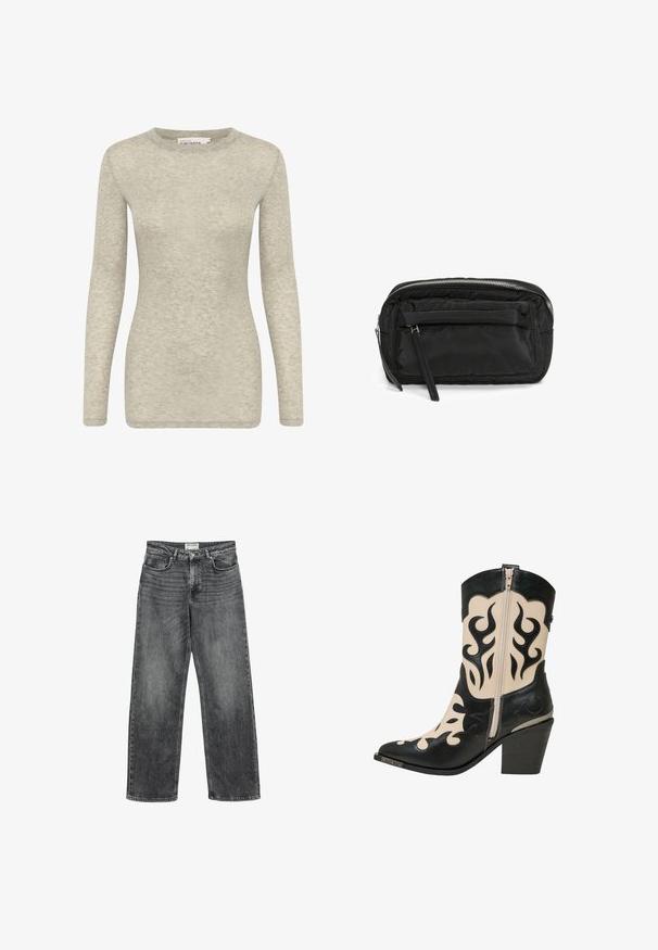 Top de manga larga en gris claro, hecho de una tela suave y texturizada. Presenta un escote redondo y una silueta ajustada. Diseño simple y versátil.; Jeans de mezclilla gris con corte recto, diseño de cinco bolsillos y un ligero desvanecimiento. La textura de la tela parece duradera y suave.; Bota vaquera negra y beige hasta la mitad de la pantorrilla con cremallera lateral, diseño de llamas, puntera puntiaguda y tacón de bloque apilado.; Bolsa de nylon negra acolchada con cierre de cremallera, que cuenta con un bolsillo frontal y una correa desmontable para un fácil transporte. Detalle de superficie texturizada.