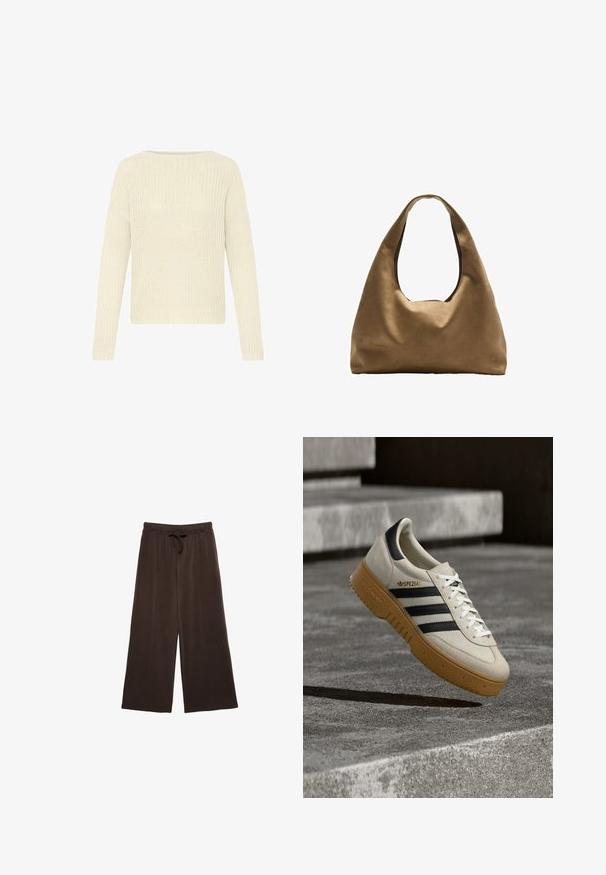 Pull en tricot de couleur crème avec un large col, des manches longues et un motif texturé. Bords côtelés aux poignets et aux bords inférieurs.; Pantalons larges marron avec un waistband à cordon. Fabriqués en tissu doux, avec des coutures verticales à l'avant pour un détail supplémentaire.; Baskets en daim beige avec des rayures noires, des lacets blancs et une semelle en caoutchouc gomme. Présente un logo "SPEZIAL" sur le côté.; Sac à épaule en tissu marron avec un corps large et arrondi et une grande poignée découpée. Texture douce, design minimaliste et aucun matériel visible.