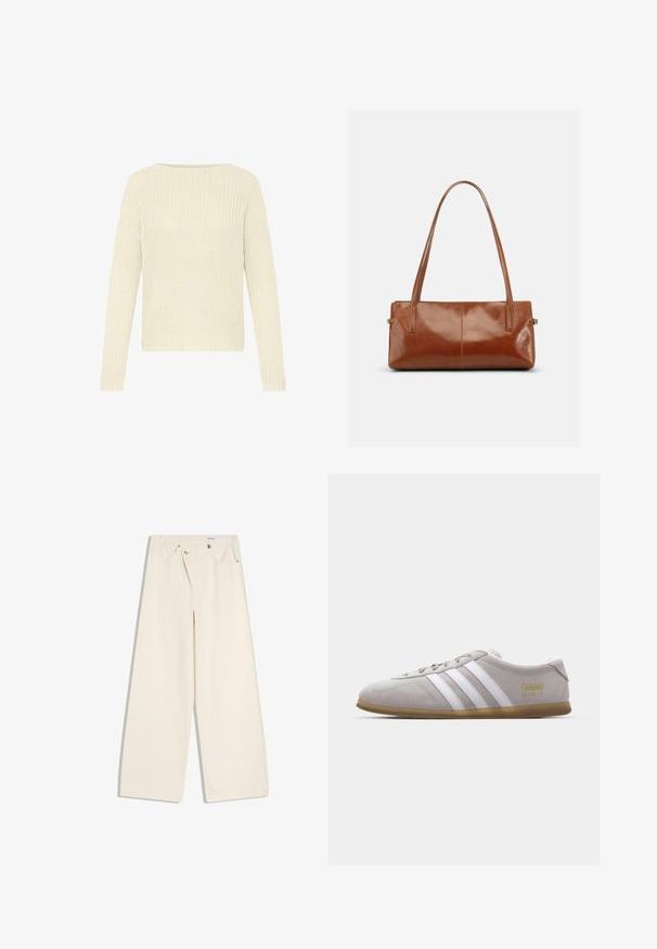 Pull en tricot de couleur crème avec un large col, des manches longues et un motif texturé. Bords côtelés aux poignets et aux bords inférieurs.; Pantalon large couleur écru avec poches avant, passants pour ceinture, et boutons argentés sur la ceinture et les bords des poches.; Baskets en daim gris avec des rayures en cuir blanc et un logo doré. Semelle en gomme plate, bout rond et design classique à lacets.; Sac à main rectangulaire en cuir marron avec deux longues bandoulières, finition lisse et brillante, au design minimaliste sur un fond uni.