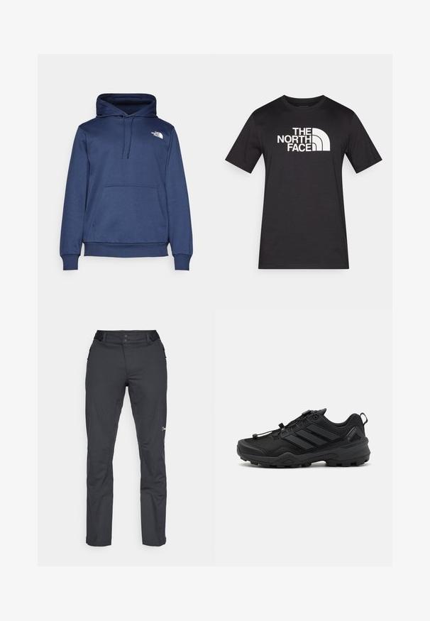 Navyblauwe hoodie van zacht materiaal, met een voorste kangoeroezak, verstelbare trekkoordkap en een klein wit logo op de borst.; Zwart T-shirt met korte mouwen gemaakt van katoen, met een opvallend wit logo van "THE NORTH FACE" over de borst.; Berghaus RIDGE ROAMER - Outdoorbroeken - black; Zwarte sportschoen met een gemêleerde mesh bovenkant, contrasterende synthetische accenten en een robuuste rubberen zool. Voorzien van een veilig vetersysteem en een achterste tab.