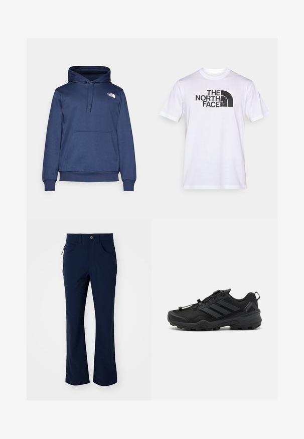 Marineblå hættetrøje lavet af blødt stof, med en forreste kængurulomme, justerbar snørehætte og et lille hvidt logo på brystet.; Hvid bomuld t-shirt med et sort logo af "THE NORTH FACE" og et buet designelement. Kortærmet og med rund hals.; Mørkeblå lige bukser med bæltestropper, knaplukning, forlommer og en lynlåslomme på siden mod en hvid baggrund.; Sort atletisk sko med en tekstureret mesh-overdel, kontrasterende syntetiske accenter og en robust gummisål. Har et sikkert snøresystem og bageste loop.
