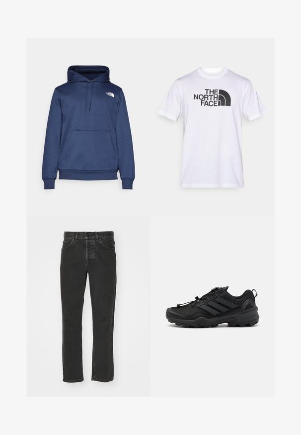 Marineblå hættetrøje lavet af blødt stof, med en forreste kængurulomme, justerbar snørehætte og et lille hvidt logo på brystet.; Hvid bomuld t-shirt med et sort logo af "THE NORTH FACE" og et buet designelement. Kortærmet og med rund hals.; Sorte denim jeans med lige ben, klassisk fem-lomme design, knaplukning i taljen og en falmet overflade. Glat tekstur, ingen synlige mønstre.; Sort atletisk sko med en tekstureret mesh-overdel, kontrasterende syntetiske accenter og en robust gummisål. Har et sikkert snøresystem og bageste loop.