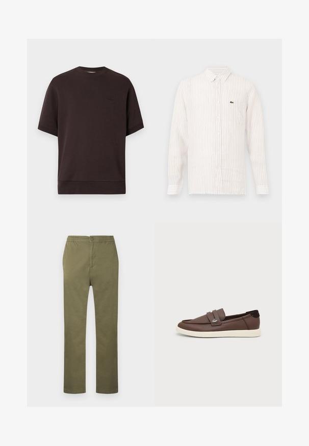 Sweatshirt à manches courtes de couleur marron foncé avec un col rond, en matière douce. Présente un logo brodé subtil sur la poitrine.; Chemise à rayures claires avec des manches longues, col boutonné et un petit logo vert sur la poche gauche de la poitrine. En coton.; Pantalon en coton léger de couleur vert olive avec une taille élastiquée, une fermeture à boutons, et une coupe droite. Pas de motifs ou accents visibles.; Mocassin en cuir marron avec semelle en caoutchouc blanche, design slip-on et petit logo crocodile métallique sur la lanière latérale.