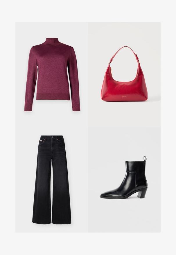 Pull à col roulé bordeaux avec des manches longues, fabriqué à partir d'un tissu texturé et scintillant ; design ajusté avec des poignets et un ourlet côtelés.; Jean noir à jambes larges avec taille haute, fermeture avant par boutons et fermeture éclair, passants pour ceinture, et design à cinq poches.; Bottine en cuir noir avec un bout pointu, un talon empilé géométrique et une languette à l'arrière. Texture lisse et design épuré.; Sac à épaule en cuir rouge avec fermeture éclair dorée et sangle réglable, logo Calvin Klein centré à l'avant.