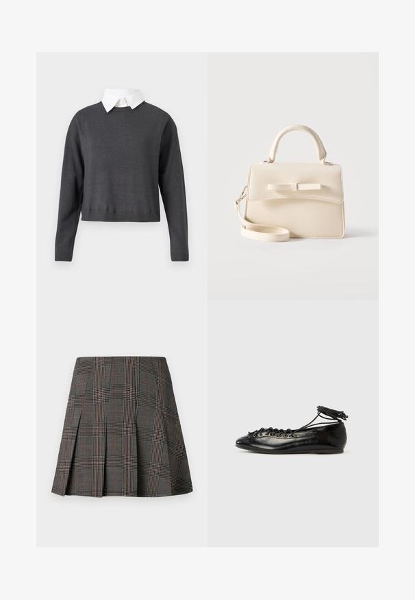 Pull cropped gris foncé avec manches longues, ourlet côtelé, et une chemise col blanc en dessous, présentant une texture lisse.; Jupe à carreaux gris avec des plis, ornée de motifs complexes en noir et blanc, accentuée par de fines lignes rouges. Fabriquée dans un tissu structuré.; Ballerines en cuir verni noir avec un bout rond, un design à lacets et une semelle plate. Texture lisse avec peu de détails.; Petit sac à main beige avec poignée supérieure, bandoulière amovible, rabat avant et nœud horizontal décoratif sur un fond uni.
