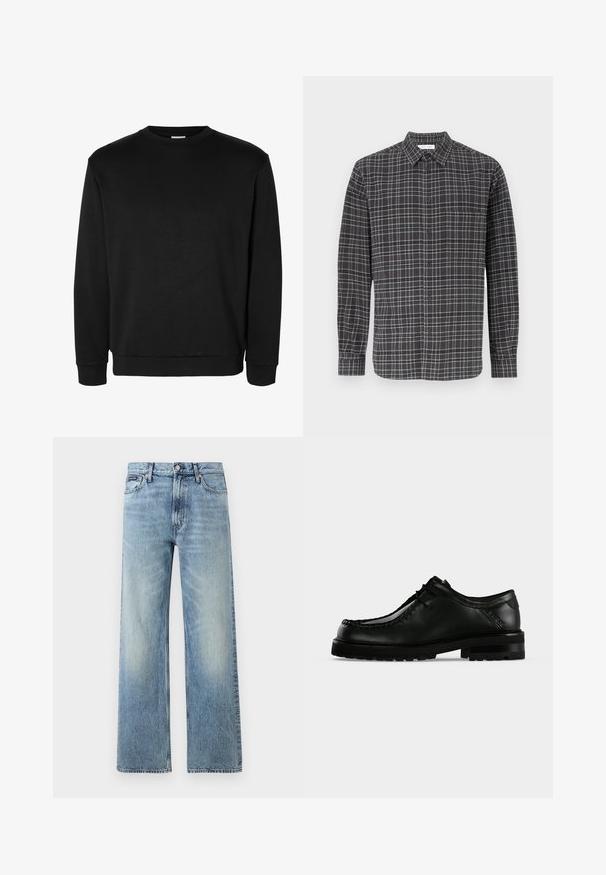 Sudadera negra de manga larga con cuello redondo, puños y bajo acanalados, diseño sencillo y sin logotipos ni estampados visibles.; Camisa de cuadro escocés en negro y gris, con botones y mangas largas, bolsillo en el pecho, cuello clásico y una textura de tela ligera.; Vaqueros de mezclilla azul claro de corte recto con cintura alta, cinco bolsillos, cierre de botón y sutil desgaste en los muslos y las rodillas.; Zapato de cuero negro con cordones, suela gruesa de goma y costura moc toe, mostrado desde el lado izquierdo sobre un fondo claro y liso.