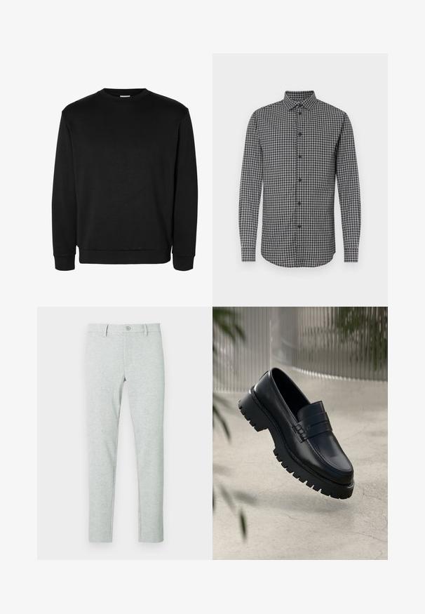 Sudadera negra de manga larga con cuello redondo, puños y bajo acanalados, diseño sencillo y sin logotipos ni estampados visibles.; Camisa de manga larga con estampado de cuadros en blanco y negro, con cuello abotonado, ajuste regular y cierre frontal de botones. Tejido texturizado.; Pantalones chinos gris claro con una textura suave, corte entallado, cierre con botones y un sutil patrón de costillas verticales. Incluyen bolsillos delanteros y trabillas para cinturón.; Mocasines de cuero negro con suela gruesa, que presentan una correa decorativa y detalles de costura. Textura suave con un acabado pulido.
