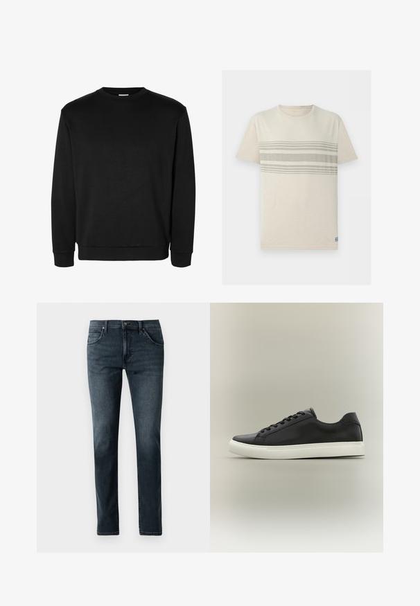 Zwarte lange mouwen crewneck sweatshirt met geribde boorden en zoom, eenvoudig ontwerp zonder zichtbare logo's of patronen.; Beige T-shirt met korte mouwen en een ronde hals, met drie horizontale lichtgrijze strepen over de borst.; Donkerblauwe denim jeans met een recht gesneden pijp, vijf zakken, ritssluiting en subtiele vervaging. Geweven stof met stikselaccenten.; Zwarte lage sneaker met witte rubberen zool en zwarte veters, zijaanzicht tegen een neutrale achtergrond.