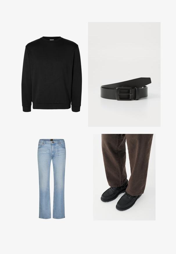 Sort langærmet sweatshirt med rund hals, ribkanter ved ærmer og bund, ensfarvet design uden synlige logoer eller mønstre.; Lyseblå denimjeans med lige ben, forlommer, bæltestropper, lynlås og en mærket knaplukning i taljen.; Sorte lædersko med glat finish, rundet tå og snøredesign, kombineret med teksturerede brune bukser. Set fra gulvniveau.; Sort læderbælte med spænde i mat sort metal, der har en glat tekstur og enkelt design. Justerbar længde med en tilspidset ende.