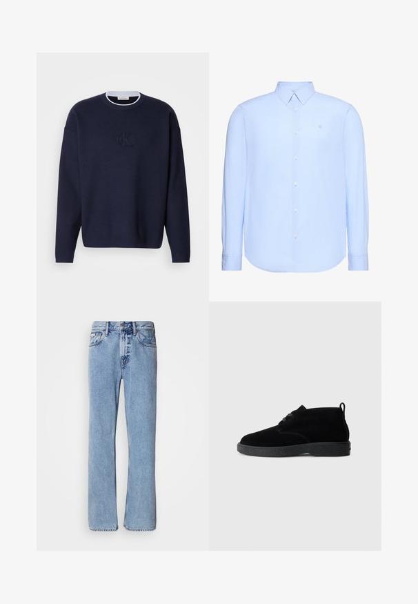 Pull en maille bleu marine avec un col rond, un col côtelé, et un subtil logo "ck" brodé à l'avant. Manches longues, coupe décontractée.; Chemise habillée pour homme à manches longues de couleur bleu clair avec des rayures verticales subtiles, col standard, boutonnage sur le devant et petit logo brodé sur la poitrine.; Jean en denim bleu clair avec une coupe droite, cinq poches et une fermeture à bouton. Détails de couture près des poches et de la taille.; Bottines en suédine noire à bout rond, à lacets, avec une semelle en caoutchouc noire et une languette à l'arrière pour un enfilage facile.