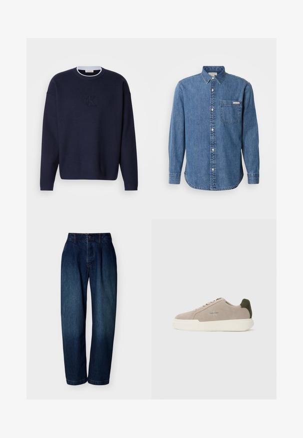 Pull en maille bleu marine avec un col rond, un col côtelé, et un subtil logo "ck" brodé à l'avant. Manches longues, coupe décontractée.; Chemise en denim bleu moyen avec un col à bouton, des manches longues, une poche avant et des boutons blancs. Présente un ourlet légèrement courbé.; Jean droit taille haute bleu foncé avec fermeture par bouton et fermeture éclair, passants de ceinture et détails de couture subtils sur fond blanc.; Baskets en suède beige avec une semelle en caoutchouc blanche, présentant un accent de talon vert foncé et une branding subtile sur le côté.