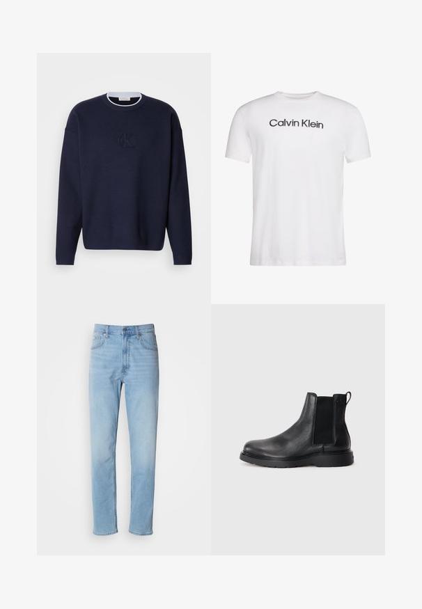 Marineblauwe gebreide trui met een ronde hals, geribbelde kraag en subtiele geborduurde "ck" logo op de voorkant. Lange mouwen, losse pasvorm.; Wit T-shirt met korte mouwen en ronde hals met zwarte "Calvin Klein" tekst gecentreerd op de borst.; Lichtblauwe denim jeans met een rechte pasvorm, vijf zakken en riemlussen. De stof heeft een gladde textuur met een lichte vervaging.; Zwarte leren Chelsea boots met een gestructureerde afwerking, elastische zijpanelen en een stevige rubberen zool. Subtiele branding op de hiel.