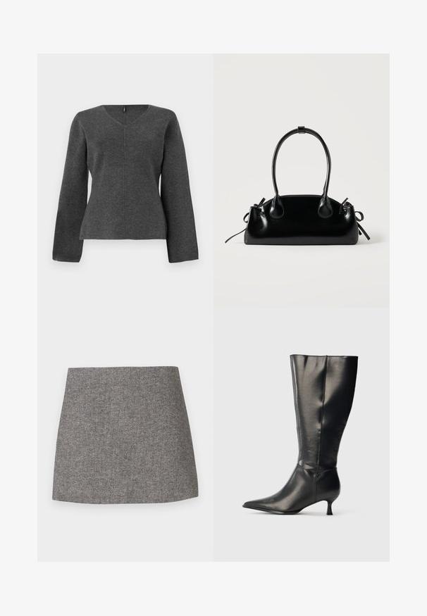 Haut en tricot gris à manches longues avec un col en V, présentant une silhouette ajustée et des détails de couture au centre. Texture douce sans ornements.; Jupe à motif chevrons en tissu gris, présentant une silhouette ajustée avec une texture lisse et un ourlet droit et net.; Botte en cuir noire montant jusqu'au genou, avec un bout pointu et un petit talon bas, présentée sur un fond clair uni.; Petit sac à main noir brillant avec deux longues anses et des détails à cordon sur les côtés sur un fond clair uni.