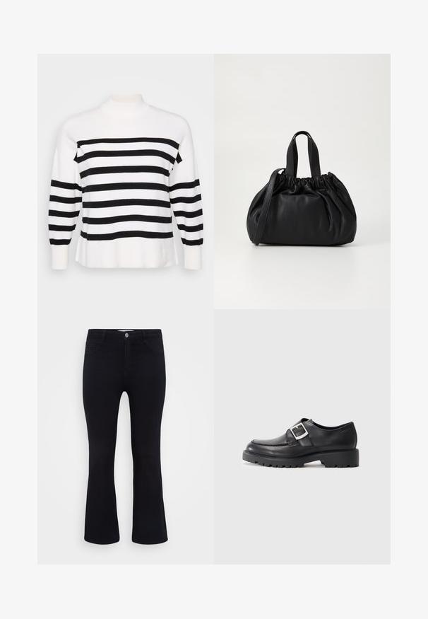 Bluse med sorte og hvide striber og høj hals, ribbede manchetter og afslappet pasform. Blød, strikket tekstur med ensartede vandrette mønstre.; ONLY Carmakoma Flared fit CARTHUNDER Mid waist - Flared jeans - black denim; Sorte lædersko med en rund tå, der har en sidebuckle-detalje og en tyk, robust sål. Glat tekstur med minimal syning.; Sort læderhåndtaske med en samlet topdesign, der har to korte håndtag og en lang justerbar rem. Glat overflade, rund form.