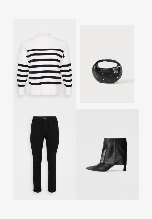 Bluse med sorte og hvide striber og høj hals, ribbede manchetter og afslappet pasform. Blød, strikket tekstur med ensartede vandrette mønstre.; Sorte denimjeans med slim fit, fem-lomme design, frontknaplukning og let stræk for komfort. Flad, glat tekstur med minimal dekoration.; Sort læderstøvle til midten af læggen med spids tå, foldet øvre skaft og slank lav hæl, der står på hvid baggrund.; Sort læderhåndtaske med en rundet form, dekoreret med sølvnitter, og et kort håndtag. Glat tekstur og lynlåslukning.