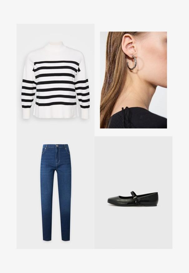 Schwarz-weiß gestreifter Pullover mit hohem Kragen, gerippten Bündchen und lockerer Passform. Weicher, gestrickter Stoff mit gleichmäßigen horizontalen Mustern.; Dunkelblaue Skinny-Jeans mit hoher Taille, vorderer Knopfleiste, Reißverschluss und klassischem Fünf-Taschen-Design.; Schwarze Leder-Ballerinas mit einer runden Spitze, einer flachen Sohle und einem dünnen, verstellbaren Riemen über dem Spann mit einer Metallschnalle.; Silberne Creolen mit polierter Oberfläche, die kleine goldene Akzentdetails und eine runde Form aufweisen, am Ohrläppchen getragen.