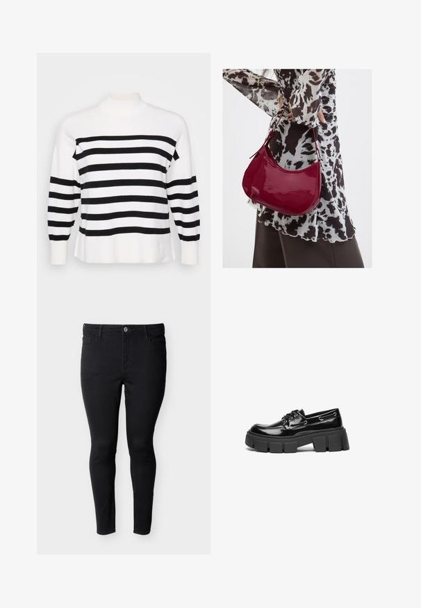 Bluse med sorte og hvide striber og høj hals, ribbede manchetter og afslappet pasform. Blød, strikket tekstur med ensartede vandrette mønstre.; Sorte slim fit-jeans med fem lommer og knaplukning, vist på en hvid baggrund.; Sort laker i patenteret læder med en kraftig sort platformsål og dekorative øjer. Glat tekstur med rund tå og snøredetalje.; Kvinde iført en sort- og hvidmønstret bluse, der holder en blank rød skuldertaske mod en ensfarvet baggrund.