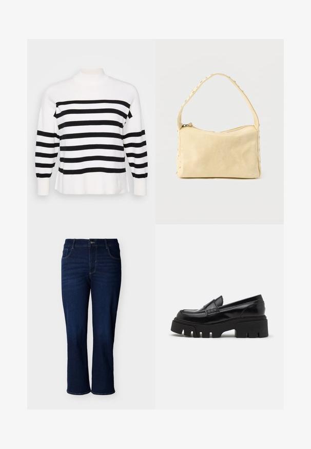Bluse med sorte og hvide striber og høj hals, ribbede manchetter og afslappet pasform. Blød, strikket tekstur med ensartede vandrette mønstre.; Mørkeblå straight-leg denimjeans med knapper foran og lommer, vist mod en ensfarvet hvid baggrund.; Sorte læder loafers med en chunky, tekstureret platformssål og en dekorativ rem over toppen. Glat, blank finish.; Lille beige læderhåndtaske med en enkelt rem og sølvnitter langs kanterne og remmen, sat mod en ensfarvet baggrund.